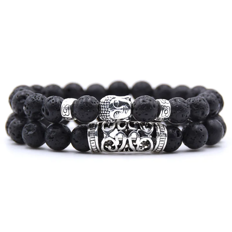 

Fashion Couple Bracelet 2 piece Sets Men Jewelry 8mm Natural Lava Stone Buddha Reiki Prayer Charm Yoga Bracelets Women Bileklik