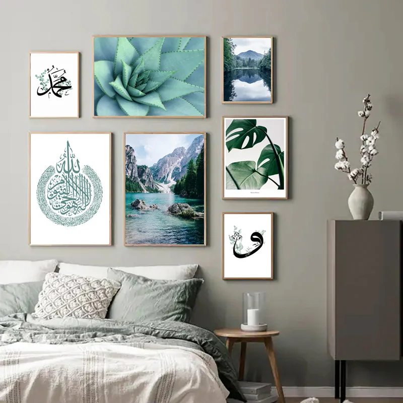 

Mountain Lake Canvas Landscape Poster Nature Leaves Wall Art Print Islamic Abstract Painting Modern Muslim Room Decor Pictures