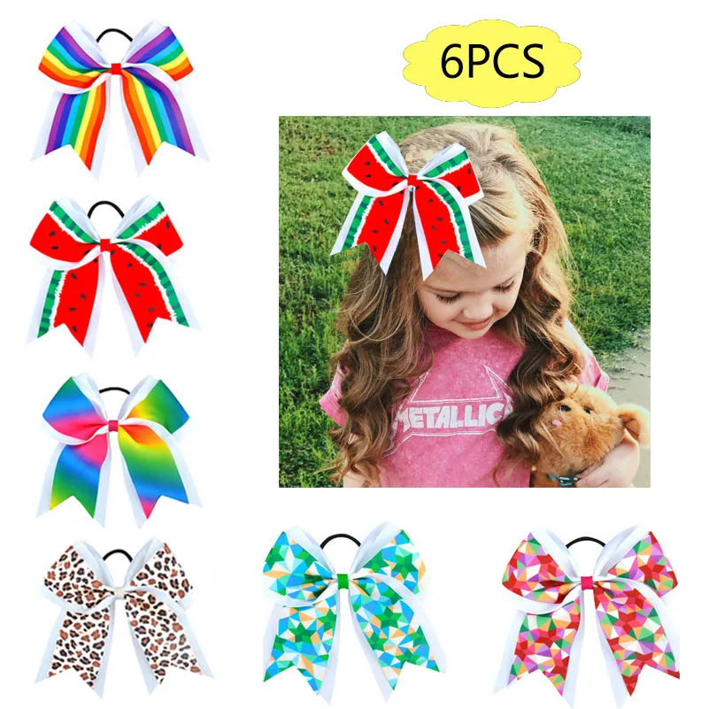 

free shipping 6pcs 7Inch summer Large Hair Bows Elastic Hair Tie Cheerleading Bows Ponytail Holder for Baby Girls watermelon le