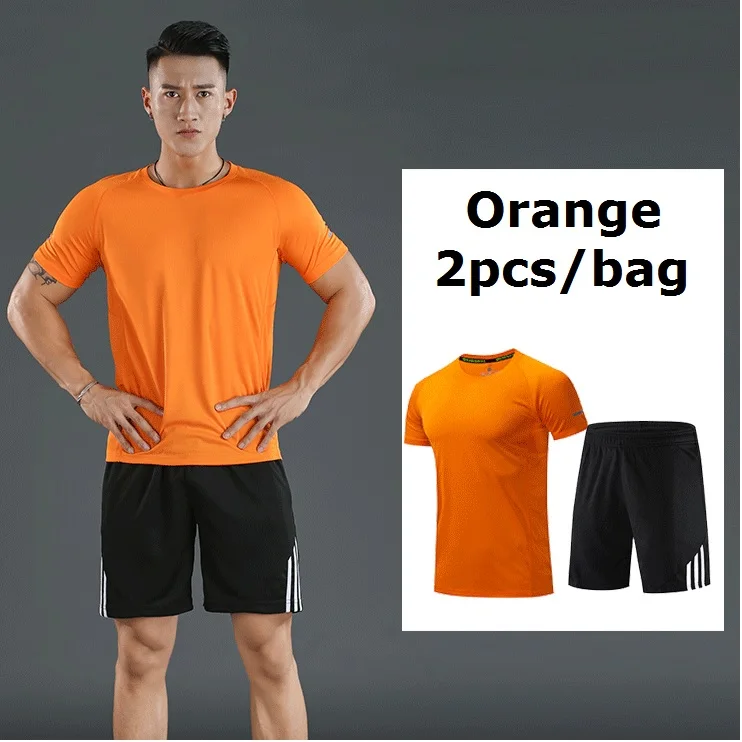 Orange 2pcs Мужской мотоциклетный спортивный костюм для спортзала фитнес компрессионная одежда для бега спортивная одежда упражнения тренировка колготки - Цвет: Orange 2pcs