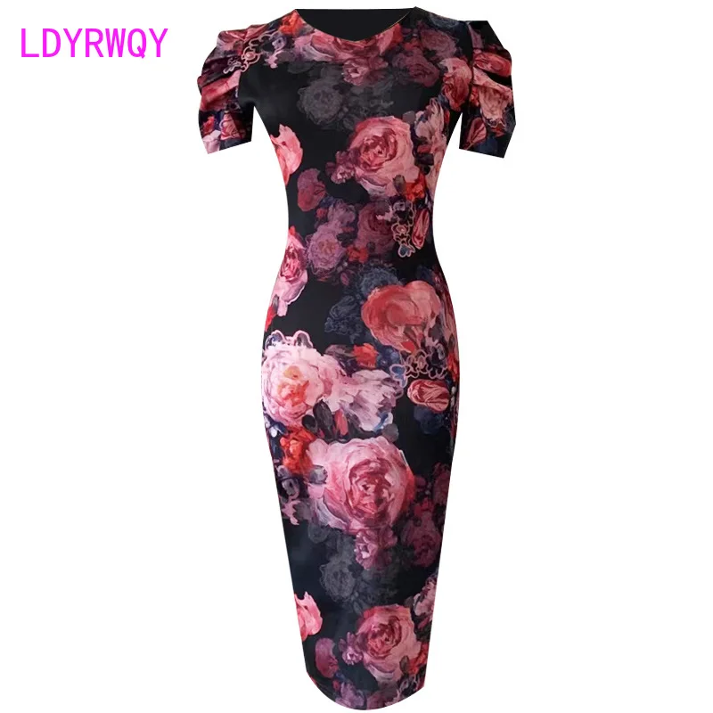 

LDYRWQY Retro oil painting print dress summer new style French mature sexy V-neck waistband hip Office Lady