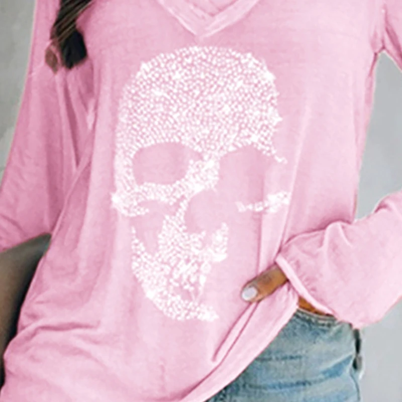 

5XL Spring Ladies V Neck Studded Skull Printed Long Sleeve Casual Sweatshirts Loose Oversized Woman Clothing Plus Size Shirts