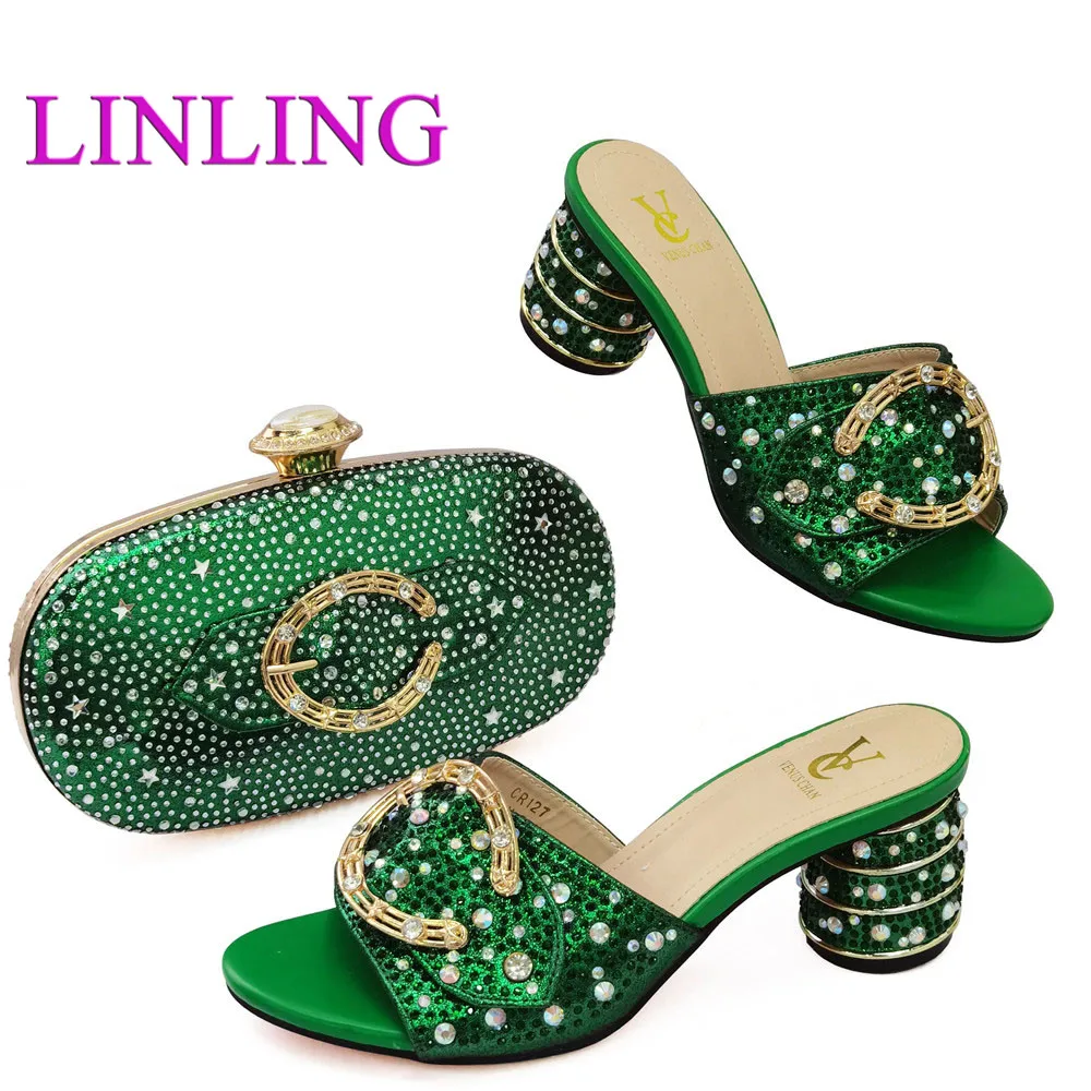 

Italian Design New Arrival Fashion D.Green Color Party Women Shoes and Bag Set Decorated With Phoenix Shape Metal and Platform