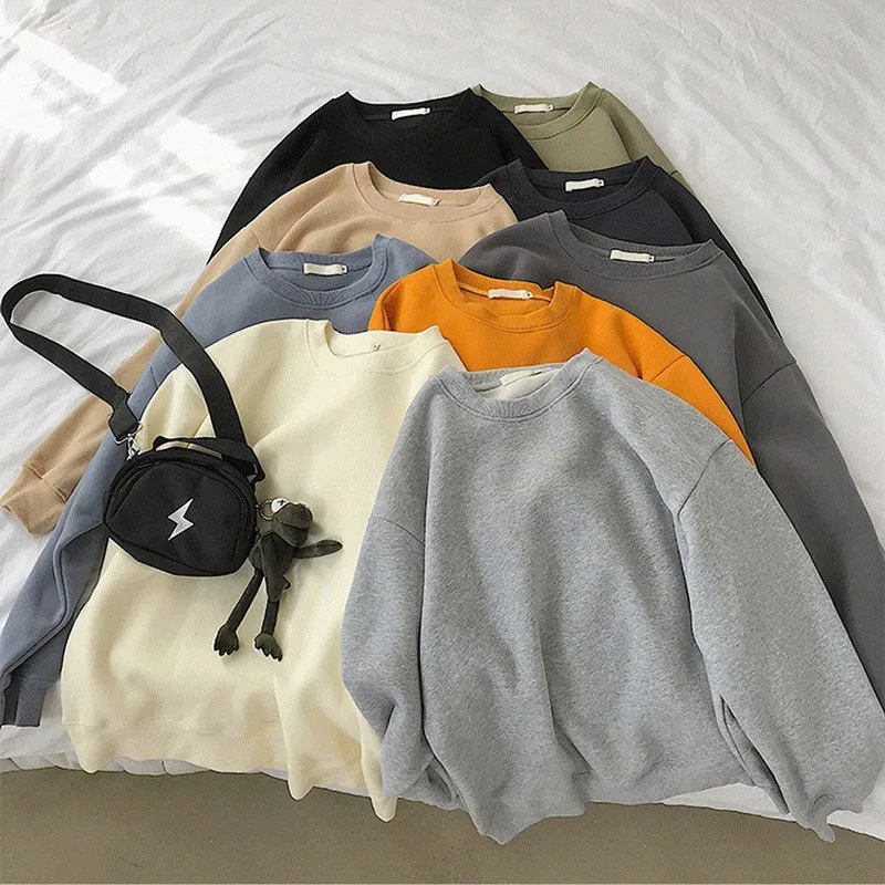 

2021 Spring And Autumn Men Women Sweatshirt Thick Solid Pullover Fashion Korean Fleece O-neck Jumper Oversized Couple Hoodies