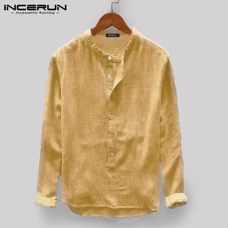 INCERUN Men Casual Shirt Stand Collar Long Sleeve Tops Pullover Leisure Button Japanese Men Basic Shirts Camisa Harajuku  2022