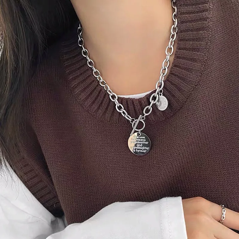 

2021 Fashion Retro Hip Hop Round Square Brand Stainless Steel Letter Titanium Steel Men's and Women's Necklace