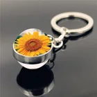 Подсолнечник-брелок, брелок для женщин, ювелирные аксессуары, модный двухсторонний кабошон, стеклянный шар, брелок для ключей, автомобильный держатель для ключей, подарок