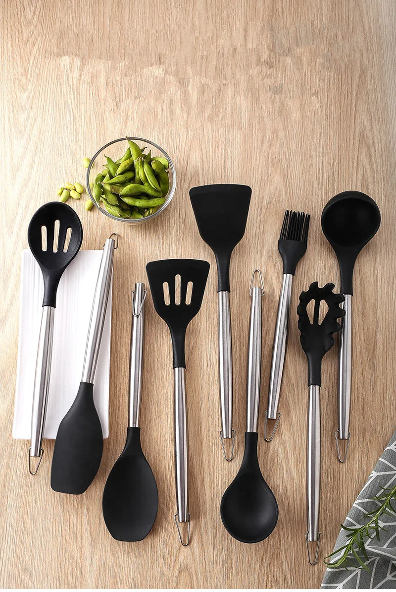 

10pcs/lot Kitchen Premium Silicone Stainless Steel Cooking Utensils Set Non-stick Spatula Heat Resistant Cooking Tools XB 025