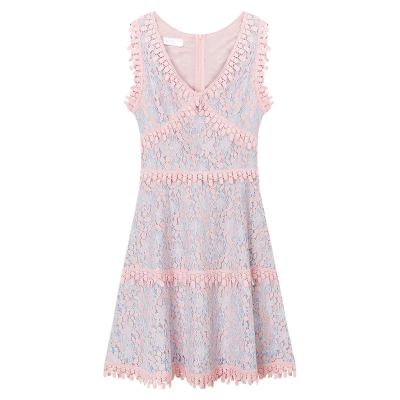 

Summer 2021 New Sweet Temperament Floral V-neck Sleeveless Lace Dress Female Slim Waist Lady Dress For Women f759