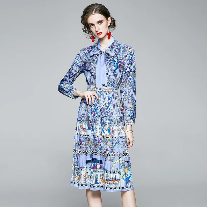 

Spring Autumn Fashion Designer Skirt Suits Women Long Sleeve Shirt Top + Elegant Floral Print Pleats Midi Skirts Two Pieces Set