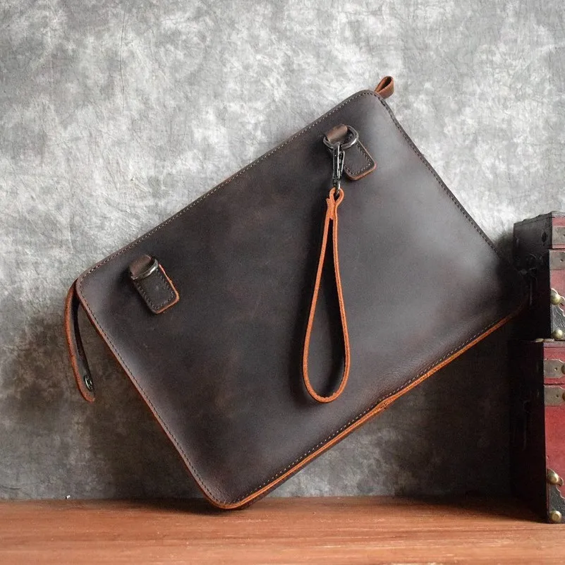 

Vintage Original Handmade Crazy Horse Leather A4 Men Clutch Bag