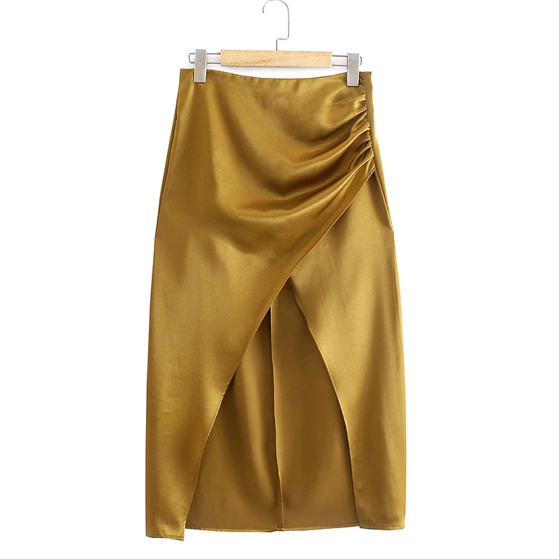 

YENKYE New Women Sexy Slits Ruched Satin Skirt Female High Waist Midi faldas Mujer Fashion 2021 Chic Skirts