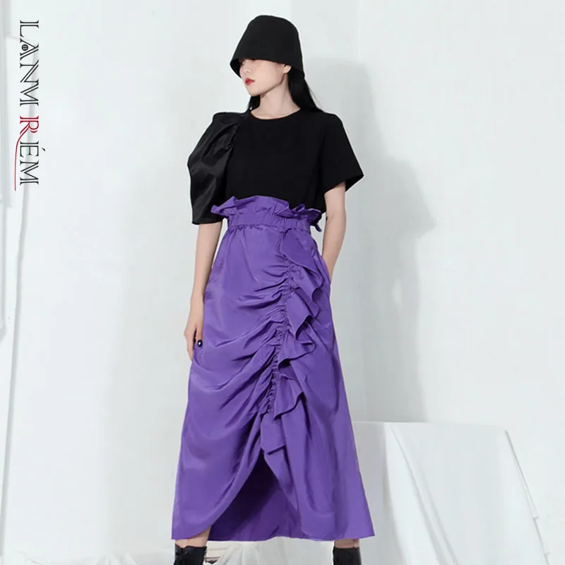 Женская плиссированная юбка LANMREM фиолетовая Асимметричная на завязках с высокой