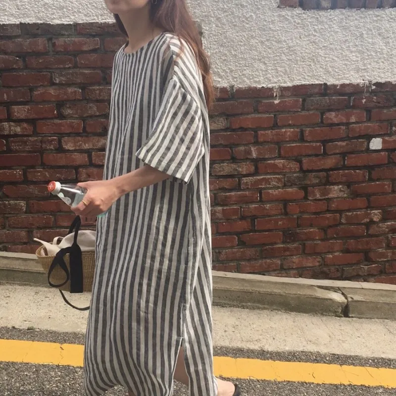 

Women Summer Long Pullover Striped Dress V Neck Straight Vestidos Vintage Split Plus Size Robe Longue Femme Ete Sukienki Jurken