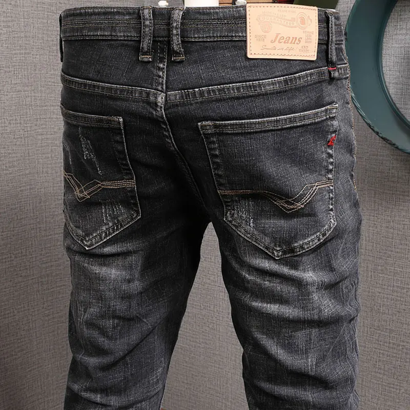 European Vintage Fashion Men Jeans Retro Black Gray Elastic Cotton Slim Fit Ripped Jeans Men Distressed Designer Denim Pants