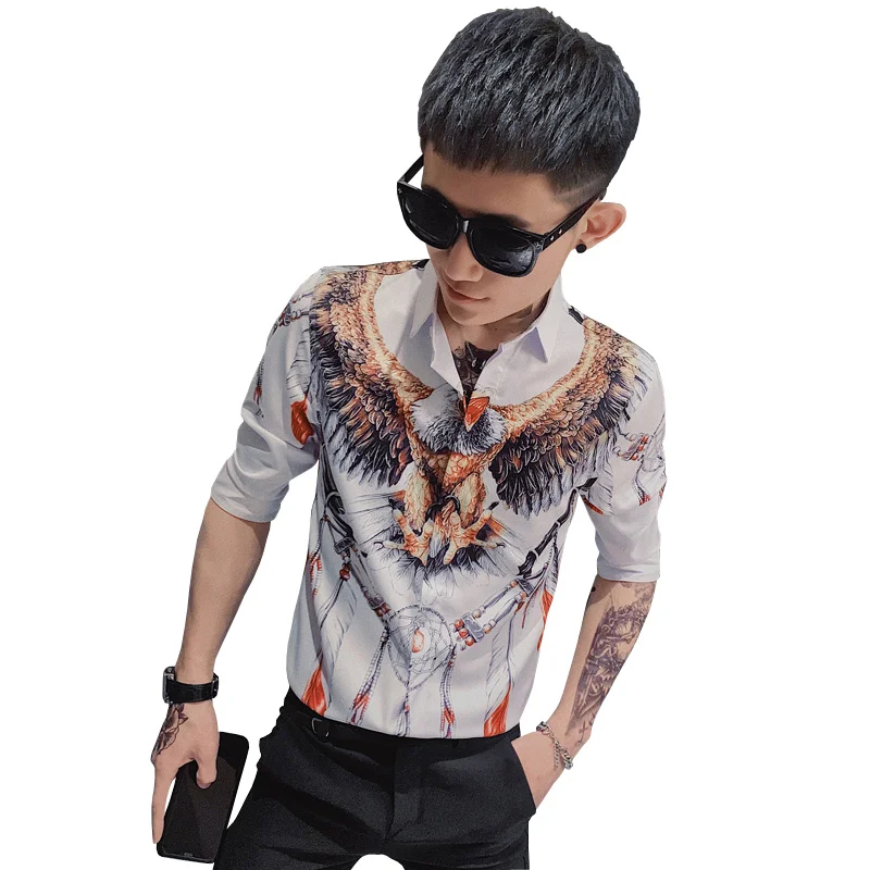 

2020 Summer 3D Eagle Print Men Shirt Short Sleeve Casual Slim Fit Streetwear Social Dress Shirts Nightclub Blusa Chemise Homme
