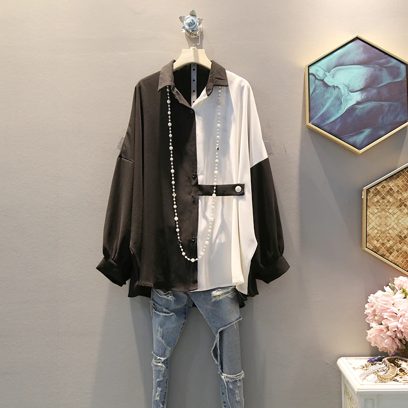 [EWQ] Spring Autumn New Lapel Long Sleeve Hit Colors Patchwork Single Breasted Vintage Shirt Women Blouse Femals AH189 - Цвет: black