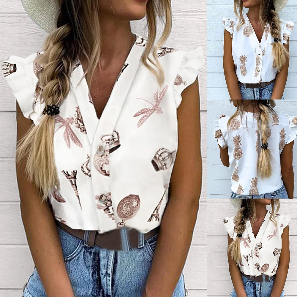 

JODIMITTY Summer Women's Shirt Holiday Leisure Top Holiday Girls Sweet Shirt Pineapple Print Flutter Sleeve Blouse Mujer