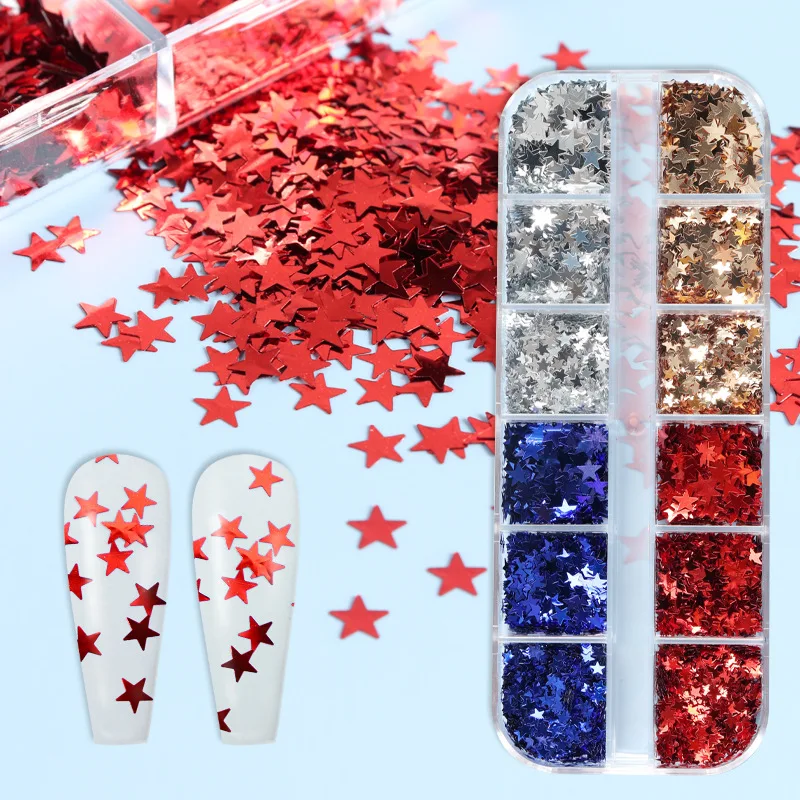 

Independence Day Nail Art Decorations Star Shape Sequin Manicure Glitter Flakes Mixed Red Blue Gold Silver Paillette Accessories