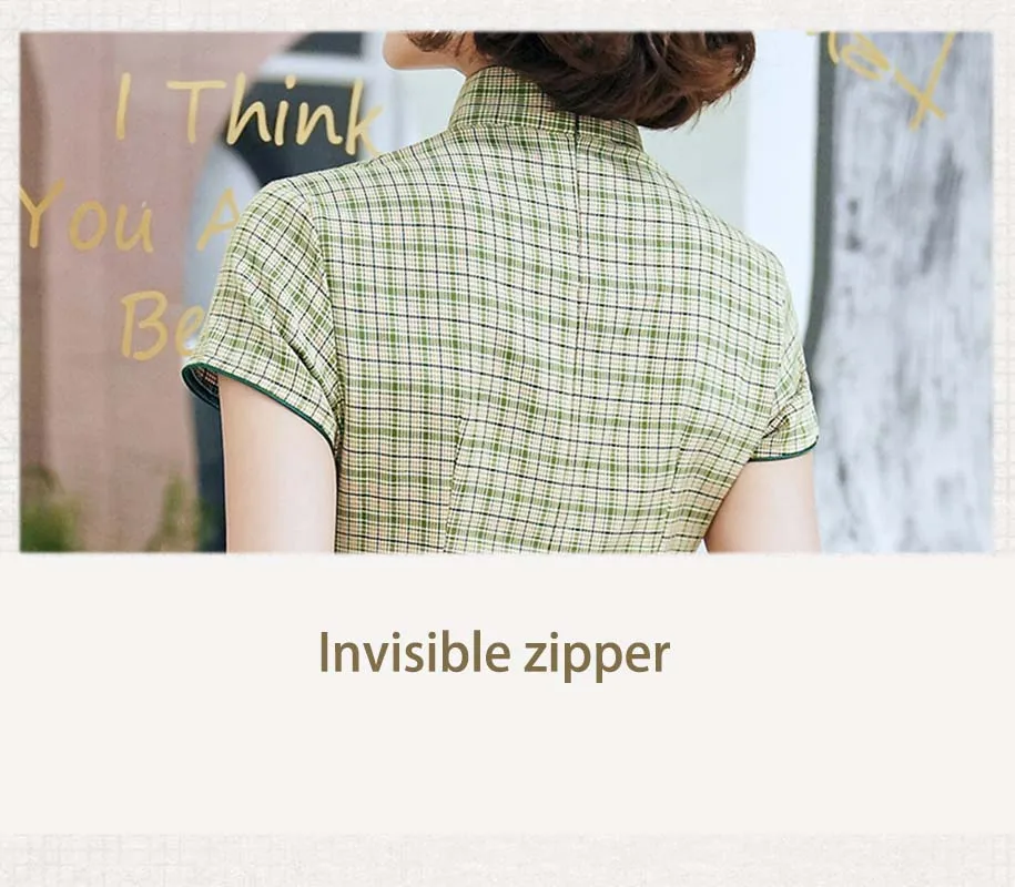 Женское платье Ципао зеленое хлопковое облегающее в клетку вечерние короткие