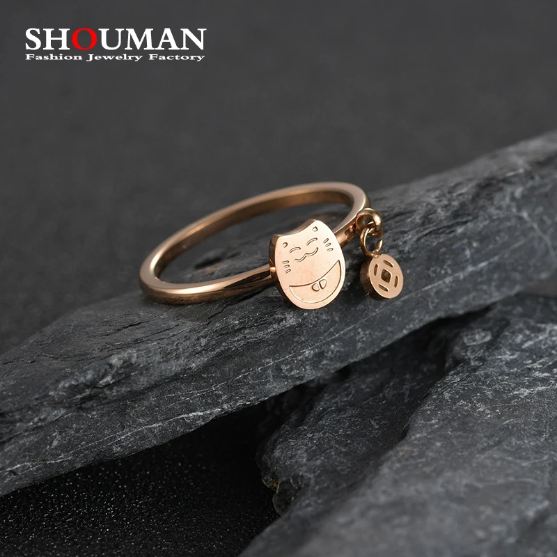 

SHOUMAN Fashion 4mm Make You Rich Lucky Cat 316L Stainless Steel Women Wedding Rings Engagement Rose Gold Color