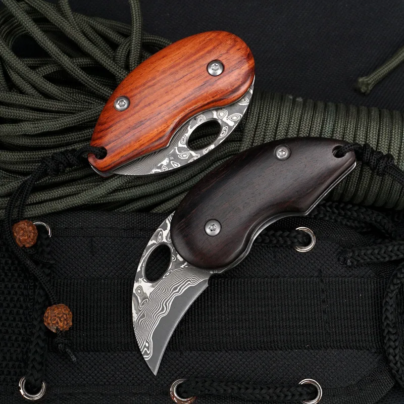 Складной мини-нож из дамасской стали с острым лезвием ручкой натурального дерева