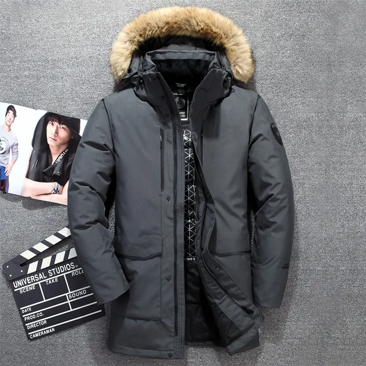 Aismz Tace& Shark medium long coat men's down jacket Russia winter jacket men fur collar thick windbreaker duck down jacket men - Цвет: 1806 gray