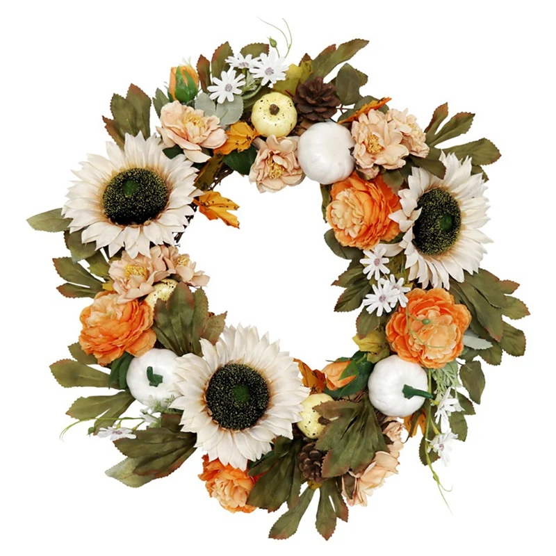 

Artificial Halloween Wreath Fake Sunflowers Pumpkin Front Door Hanging Wreath Thanksgiving Day Indoor or Outdoor Decor