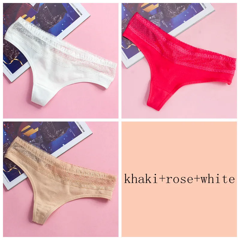 khaki rose white 3 шт./лот, женские хлопковые трусики, с вырезами, с кружевной талией, хлопок, g-стринги, щипцы, сексуальные танга, нижнее белье, дамское нижнее белье, штаны - Цвет: khaki rose white