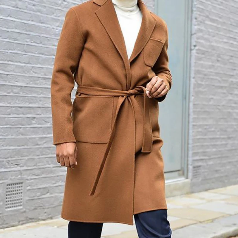 

Vintage Turn-down Collar Lace-up Cardigan Outerwear For Mens Autumn Winter Long Jacket 2022 Fashion Multi-pockets Wool Coats Men