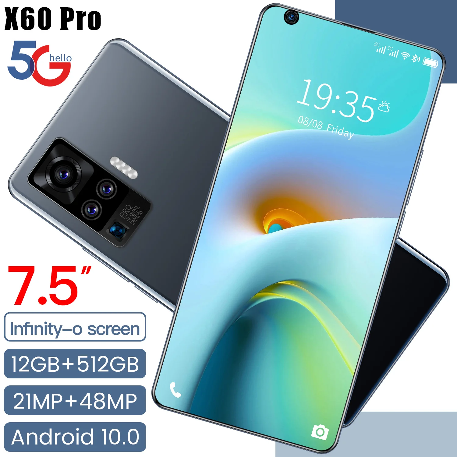 

X60 Pro 7.5 Inch Full Screen Dual SIM+Micro SD Face ID Andriod 10.0Mobile Phone 5G Network 21+48MP Deca Core Smartphones MTK6799
