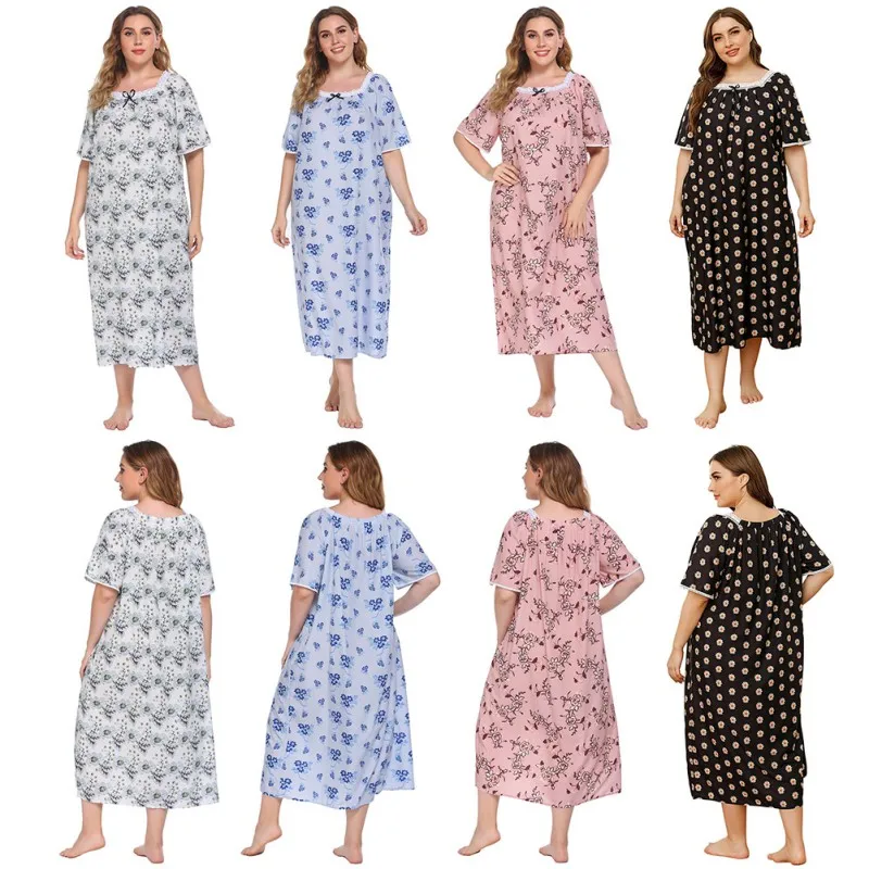 

Spring Plus Size Women's Dress Ladies Short Loose Sleeve Printed Floral Nightdress Casual Long Dress Printed Home Wear Nightgown