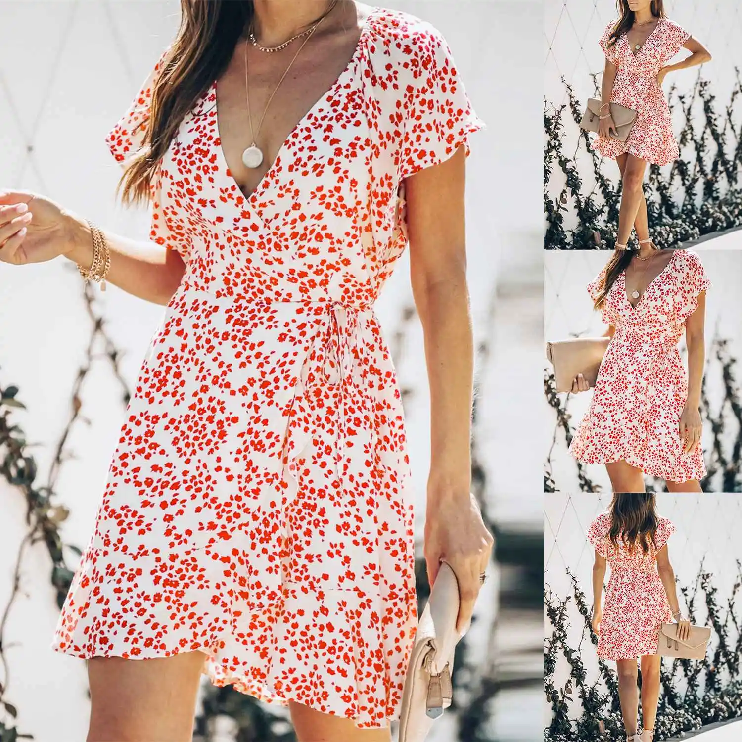 

Women's V-Neck Printed Sexy Open Chest Lace-Up Fashion Dress Red