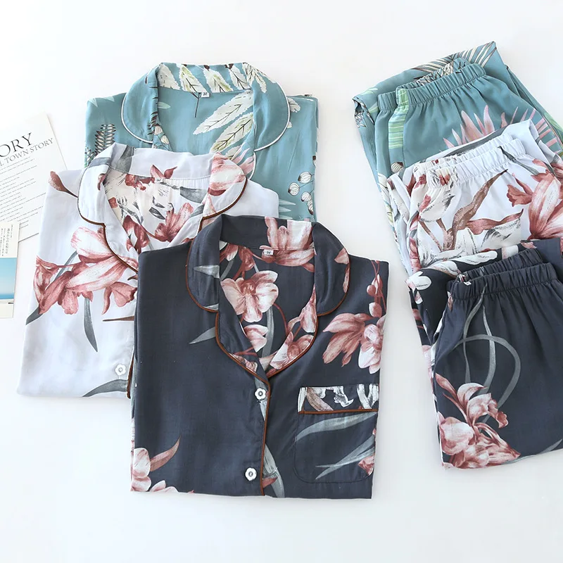 New Summer Women Pajamas Set Cotton Silk Long Sleeve Trousers Sleepwear Ladies Fresh Fashion Thin Comfortable Loose Home Wear