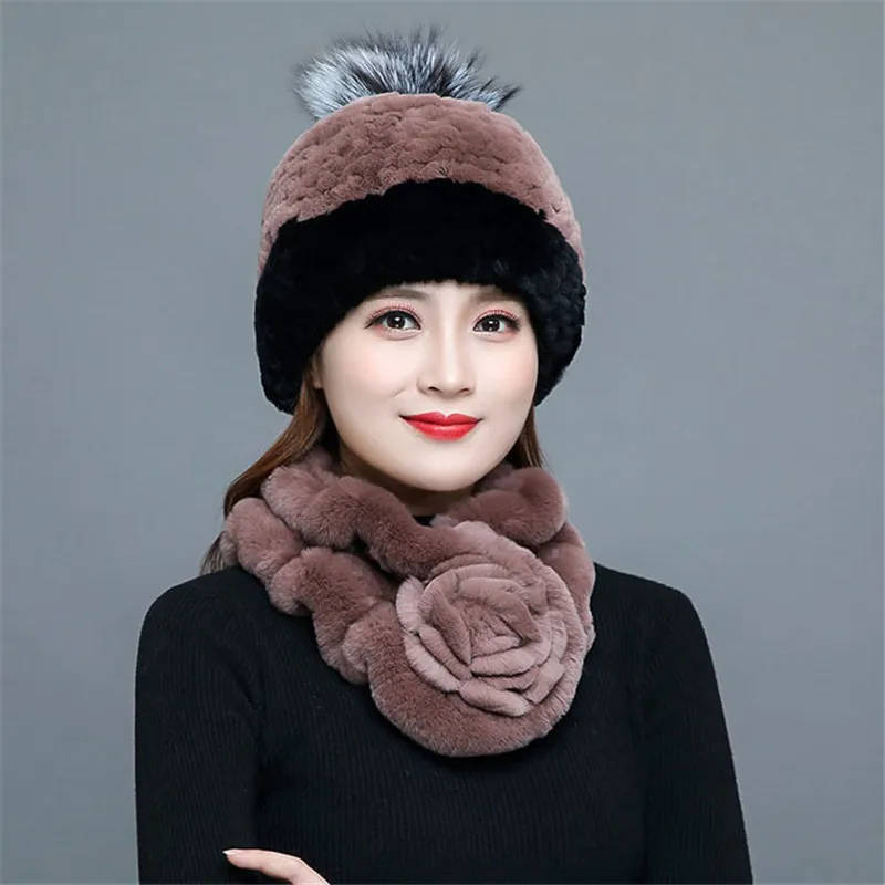 Женская шапка и шарф из 100% натурального меха кролика Рекс комфортная теплая