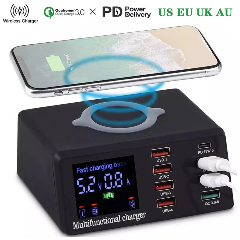 

Беспроводное зарядное устройство Qi, USB 100 Вт, быстрая зарядка 3,0, станция для быстрой зарядки, дорожное зарядное устройство для телефона с нес...