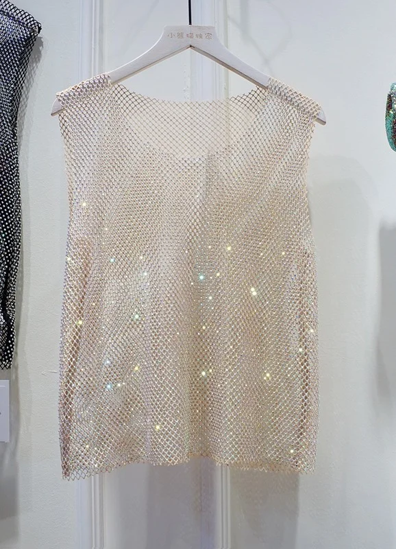 

Summer Heavy Drill Vest Sexy Solid Color Hollow Out Tops for Women Rhinestone Mesh Top Mujer Verano 2021