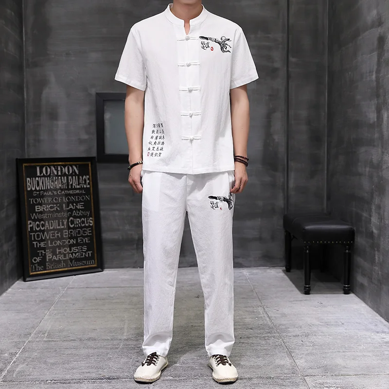 

summer Men's Causal Embroidery Stand Collar Tang Suit + Loose Harem Turnup Pants Comfortable Two Pieces Set For Male