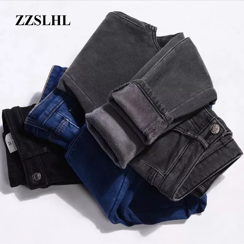 

2020 fashion thick warm girl jeans winter women's slim feet jeans black plus velvet jeans female ins trend