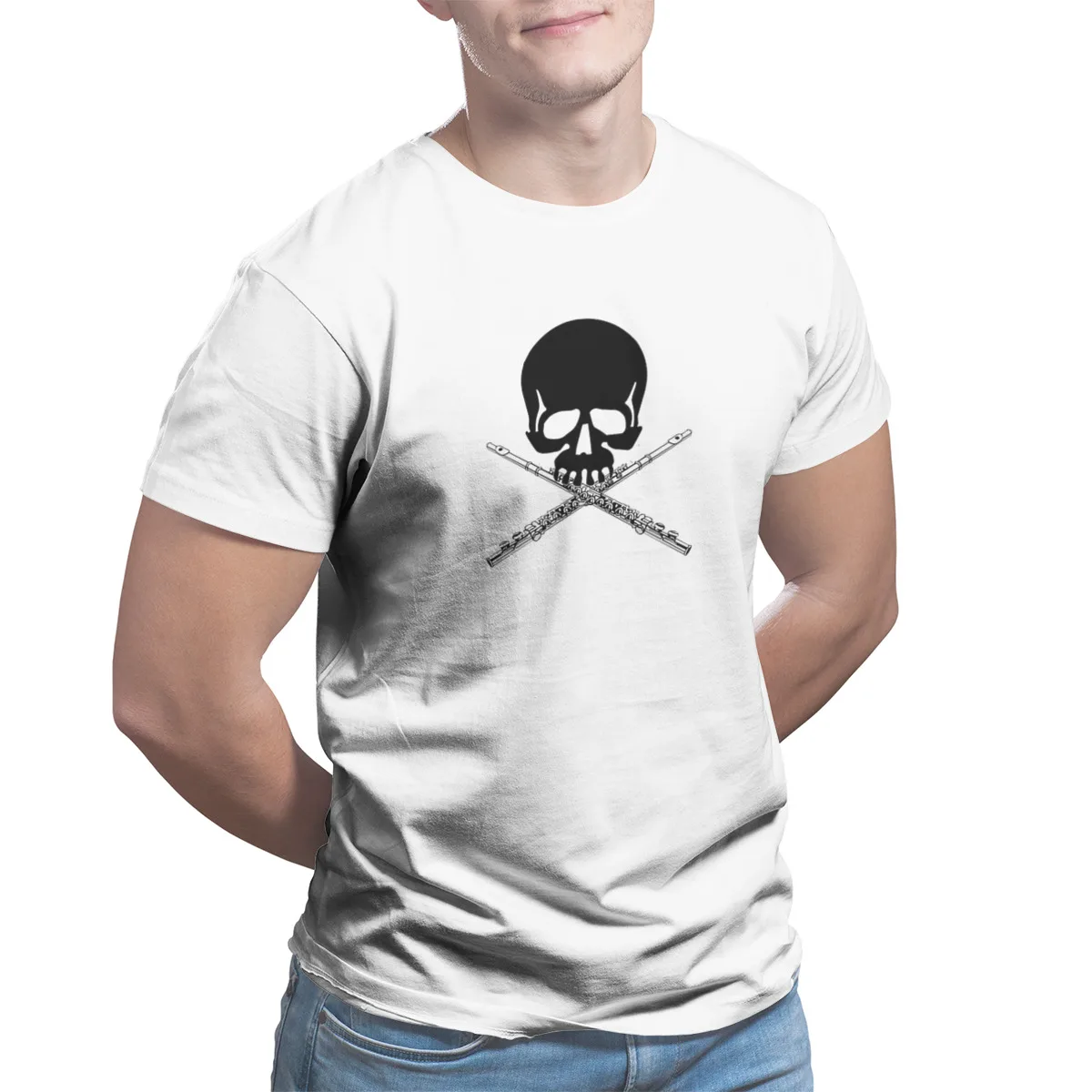 

Skull with Flutes as Crossbones T-Shirt Black Couples Matching Punk Kawaii 4XL 5XL 6XL Tees 24070
