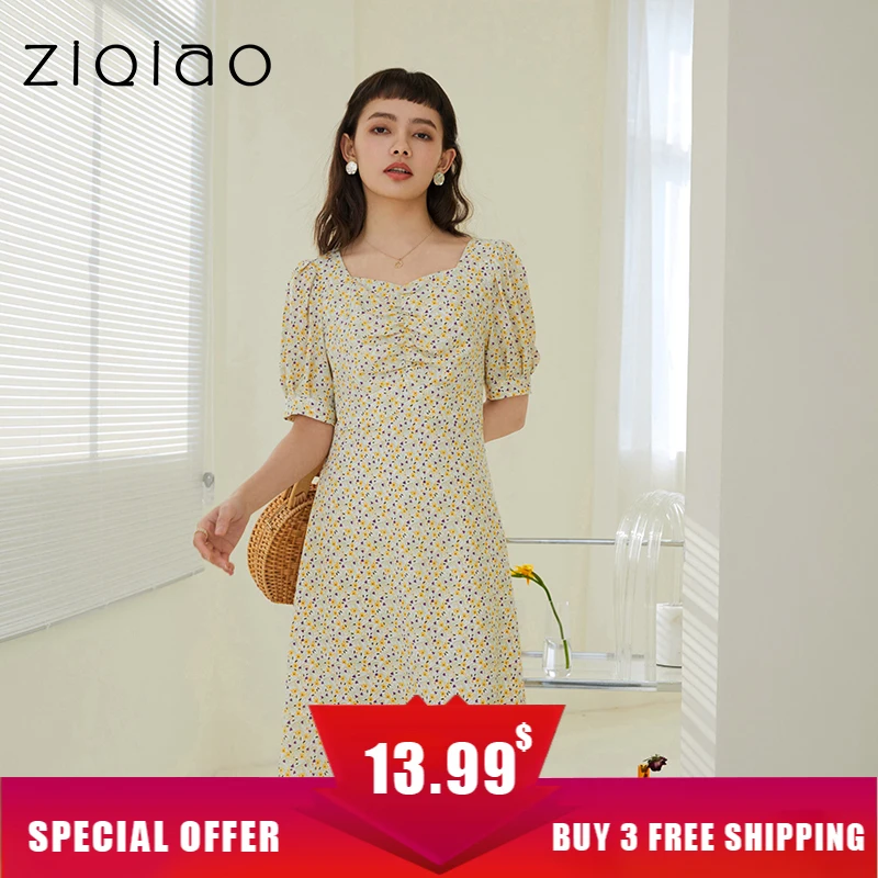 

ZIQIAO Women Long Dress White Floral Square Neck Long Dress