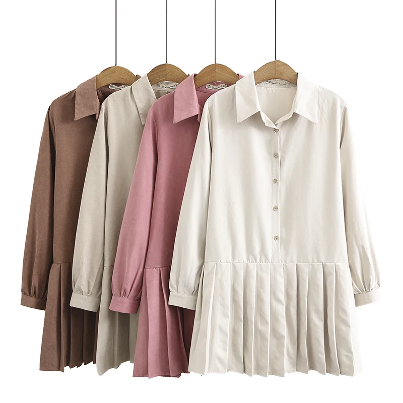 

Korean Style Women Shirt Dresses Spring Pink Beige Khaki Plain Colour Turn Down Collar Pleated Design Loose Fitting Shirtdress