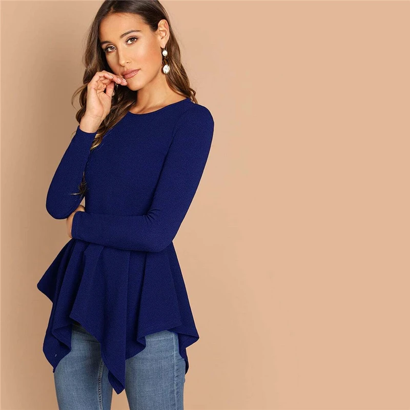 SHEIN Однотонный Топ С Асимметричным Низом И Молнией Женская Черная Классическая Блузка С Длинными Рукавами