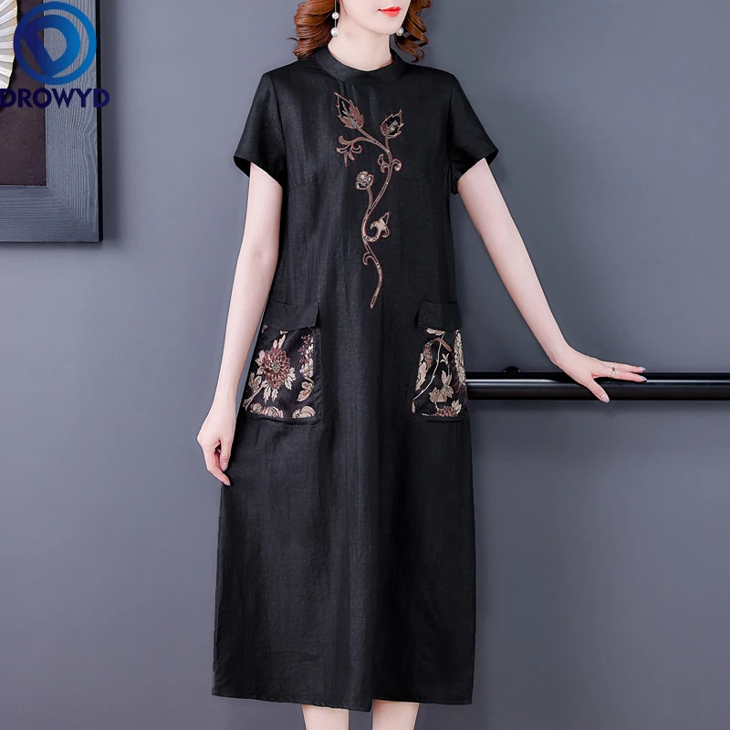 

2021 Women Loose Embroidery Silk Vintage Midi Dress Summer Casual Floral Black O-neck Solid Dress Elegant Bodycon Party Vestidos