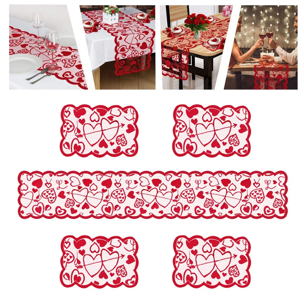 

5PCS Table Runners Red Lace Set Tablecloth Placemats Dresser Scarf Heart Valentine Ornament Festival Romantic Gifts Mothers Day