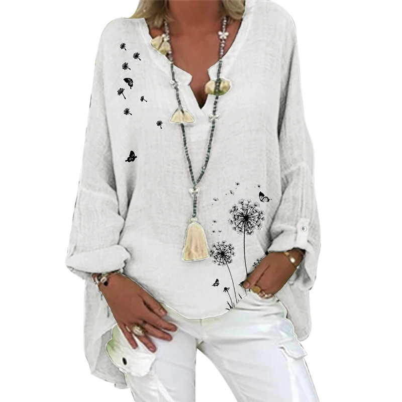 

#w Plus Sizes Womens Casual Tops Printed Long Sleeve V Collar Loose Long Shirt Vintage Cotton Blend Ladies Top Clothing#e