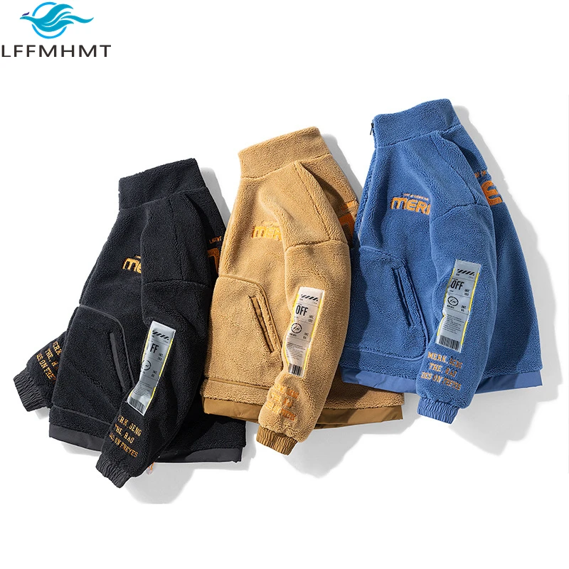 

Winter Fashion Men Fleece Cashmere Thicken Casual Loose Streetwear Coat Letter Print Patchwork Stand Collar Cotton Padded Jacket