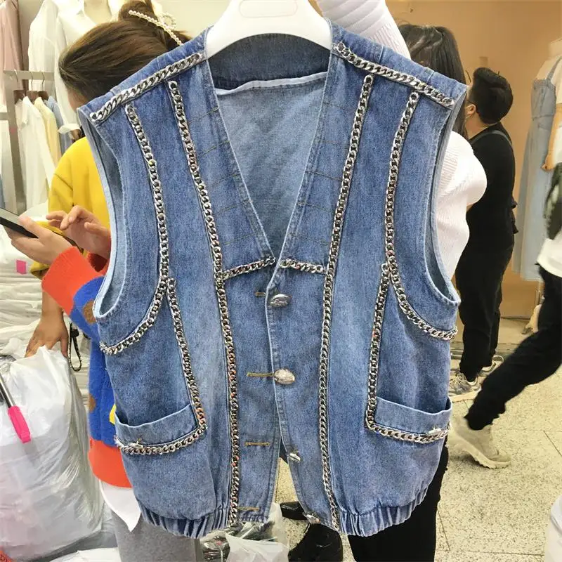

Heavy Chain V-neck Denim Vest Coats Women's 2021 Spring Summer New Fashion All-Match Waistcoat Tops Female Sleeveless Jacket