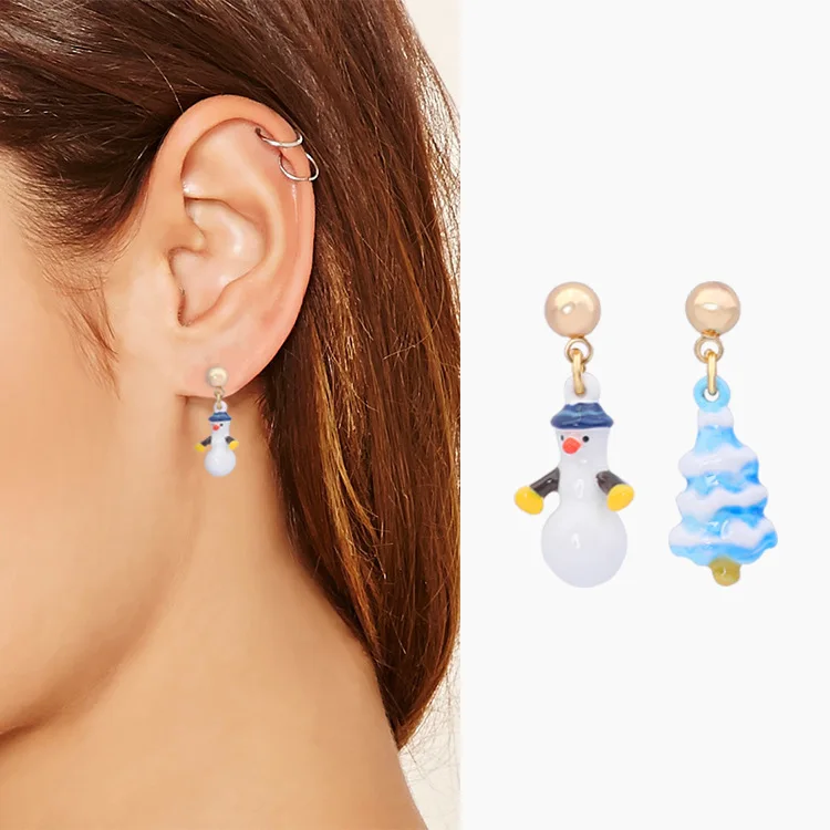 

925 Silver Needle European and American Style Personality Enamel Asymmetric Snowman Earrings Without Pierced Earrings Female