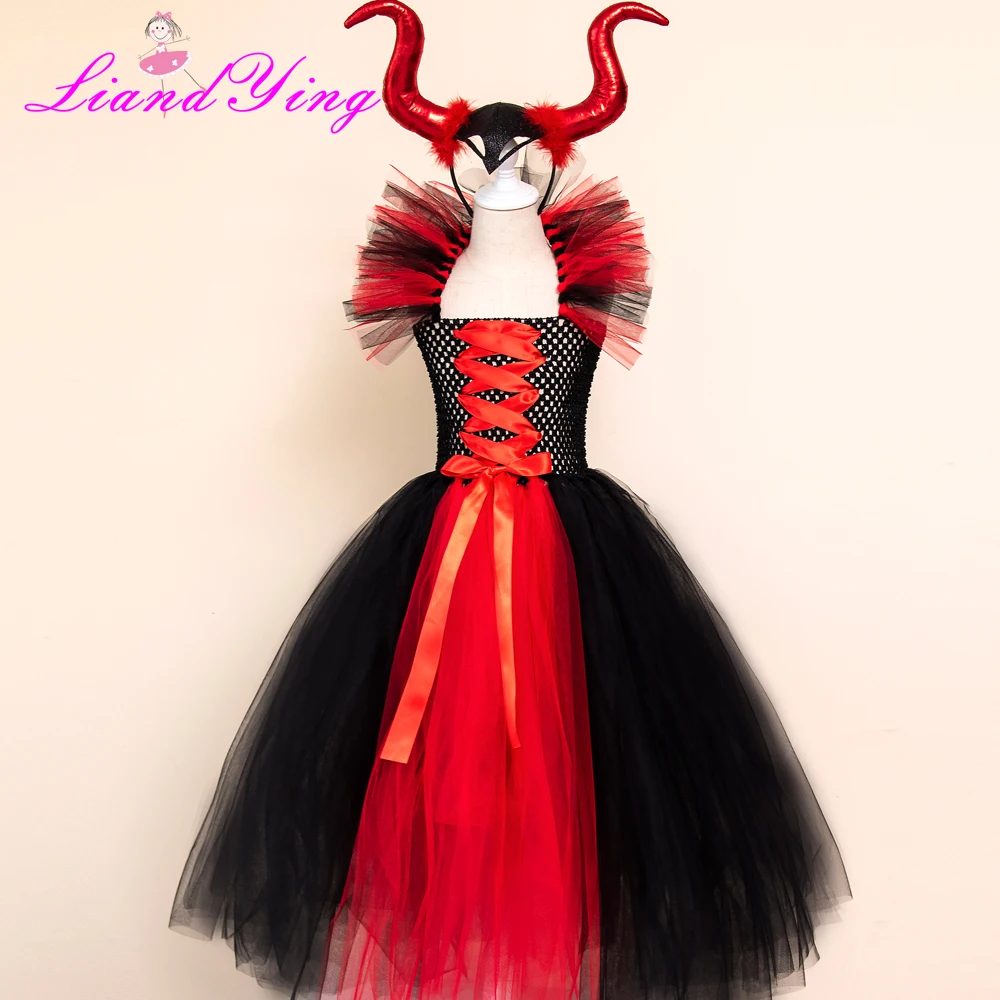 

Maleficent Evil Queen Girls Tutu Dress with Horns Halloween Cosplay Witch Costume for Kids Party Dress Children Clothing
